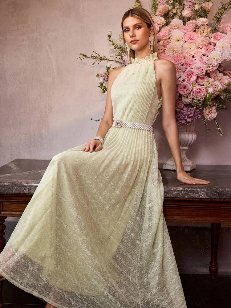 PLEATED LACE BACKLESS DRESS, SPRING/SUMMER