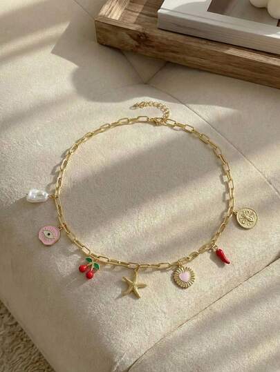 Resyla 1pc Dopamine, Cherry, Heart, Starfish, Faux Pearl, Bee Pendant Necklace, Women's Party & Daily Jewelry Accessory, Fashion Ornament, Valentine's Gift