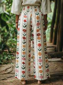 Breezaya Quần nữ ống đứng dáng suông, thắt nơ phía trước, họa tiết hoa, cạp thường, thích hợp mặc đi biển/nghỉ lễ/hàng ngày, mẫu mới mùa hè & thu 2026. - Nhiều màu - Xem 2