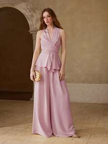 MOTF PREMIUM 女士无袖系带上衣和长裤两件套，简约约会装，春夏款 - 紫色 - 查看 4