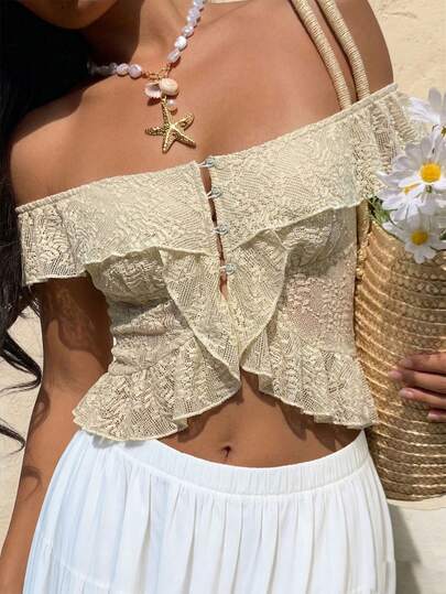 Cévolie Blusa feminina moderna e sexy com babados e ombros à mostra.