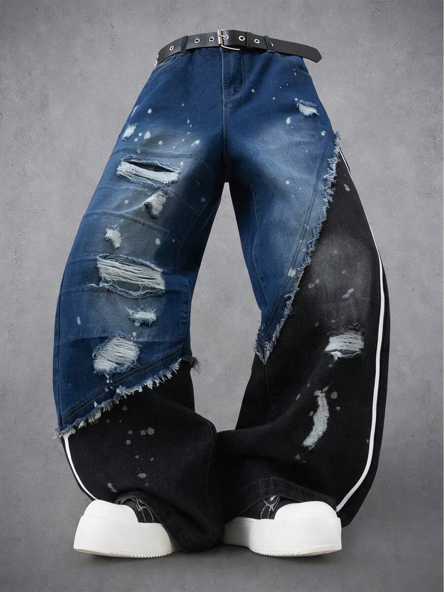 Manfinity Denimwave American Men's Patchwork Frayed Edge Tape Decor Wide Leg Jeans - Blue - View 1