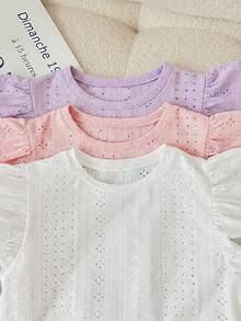 SHEIN LMoss Kids 3件套/少女套装/少女休闲提花针织纯色圆领短袖上衣 - 彩色 - 查看 4