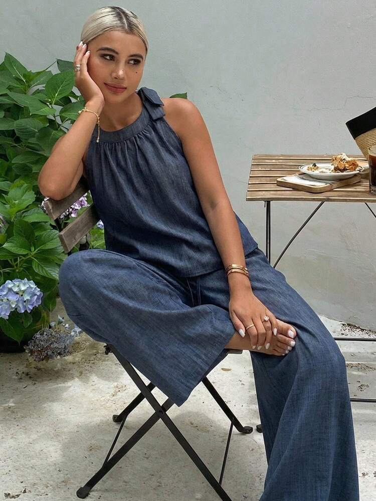 Women's Vacation Solid Color Pleated Halter Top And Pants 2 Pieces Set
