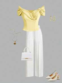 Endroma Áo croptop nữ kiểu Pháp thanh lịch màu xanh dương với thiết kế xếp ly, thắt eo, tôn dáng, thời trang, cao cấp, sang trọng cho mùa hè. - Màu vàng - Xem 3