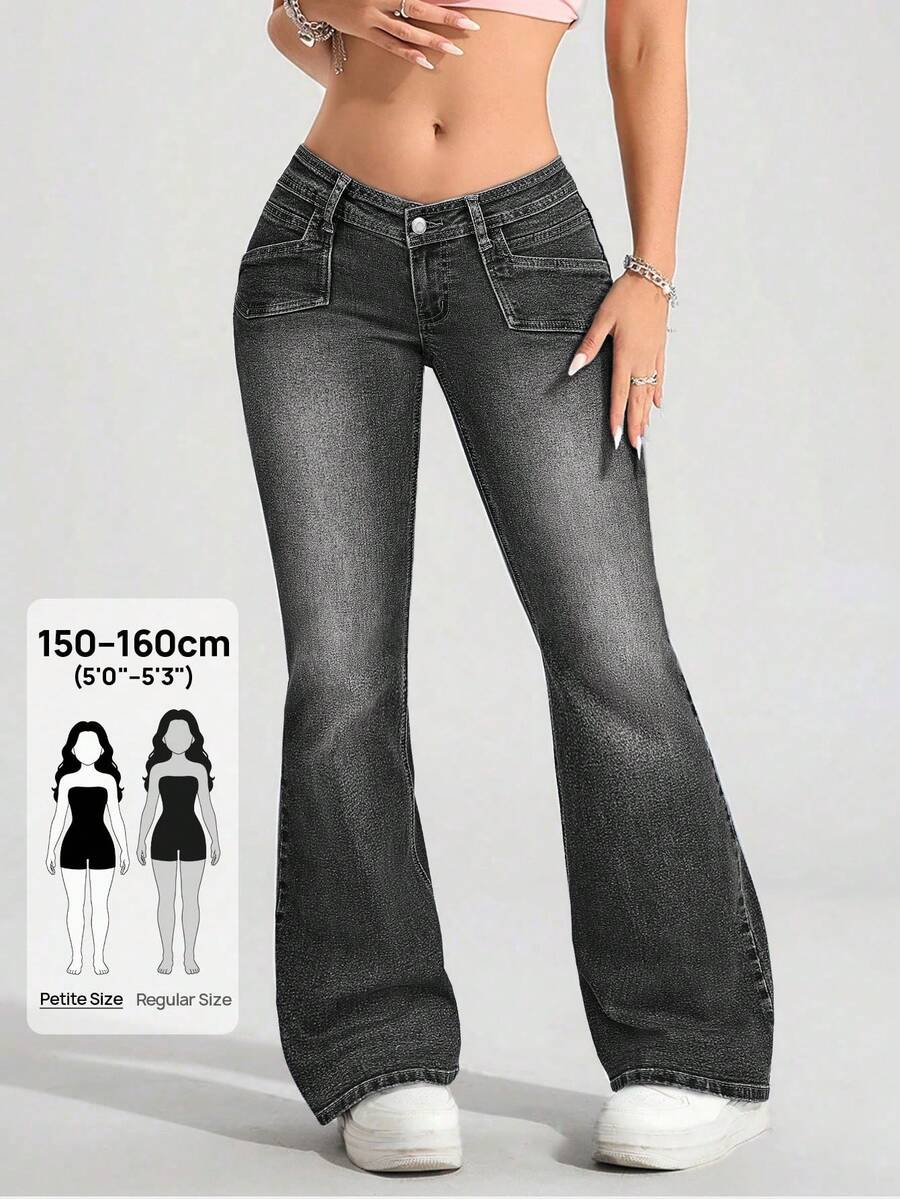 SHEIN PETITE Women's Slant Pocket Skinny Casual Versatile Flare Jeans - Grey - View 1