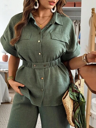 Ceyna Plus Size Women's Solid Color Shirt Collar Fake Pocket Decor Open Front Button Down Elastic Waist Short Sleeve Loose Blouse + Elastic Waist Pockets Straight Leg Pants Set, Elegant Vintage French Style For Office, Casual, Vacation, Afternoon Tea, Street, Minimalist, Versatile, Spring/Summer Women Vacation Outfit Sets Women 2 Pieces Sets Women's Summer Co-Ord Women Summer Outfits 2 Pieces Women 2 Pieces Outfit Casual Two Pieces Casual Sets Linen 2 Pieces Set Women's Summer Co Ord Linen Sets For Women Vac