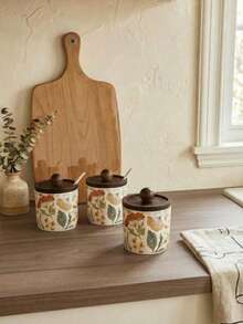 Cirelle Floral Pattern Ceramic Jar With Wooden Lid – Decorative Kitchen Canister For Candy, Flour & Tea, Rustic Farmhouse Storage Container, Housewarming Gift Idea - Multicolor - View 1