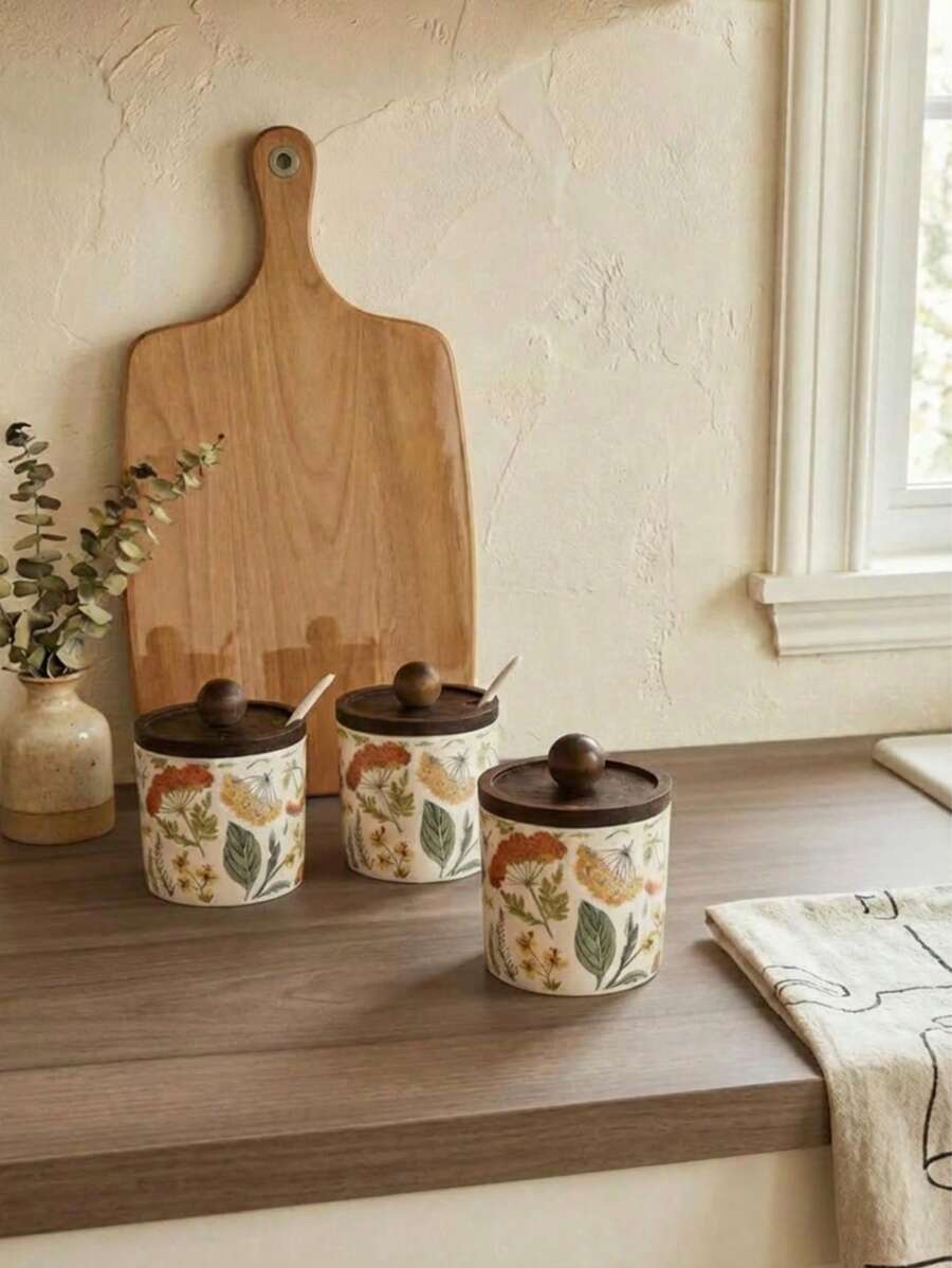 Cirelle Floral Pattern Ceramic Jar With Wooden Lid – Decorative Kitchen Canister For Candy, Flour & Tea, Rustic Farmhouse Storage Container, Housewarming Gift Idea - Multicolor - View 1