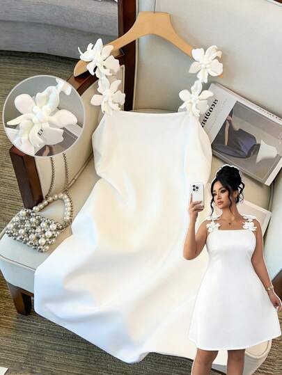 GlowEve CURVE Vestido elegante de talla grande para mujer con decoración floral 3D de unicolor