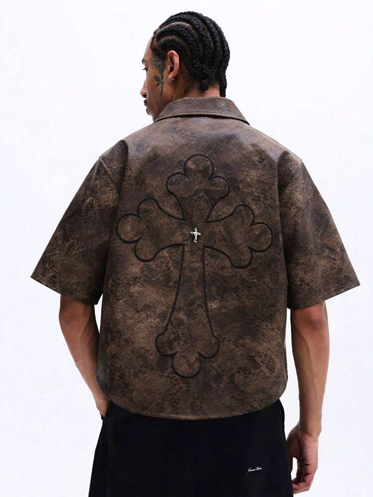 SUMWON Crocodile Print Button Up Shirt With Cross Detail
