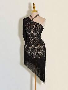 SHEIN ICON Áo kiểu nữ thời trang màu hạt điều, lệch vai, viền tua rua. - màu đen - Xem 8