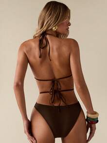 SHEIN BAE Solid Color Rhinestone Backless Halter One-Piece Swimsuit For Vacation & Beach,This Sexy Brown, Rhinestone-Embellished One-Piece Outfit Is Perfect For Beach Vacations, Women's Getaways, Holidays, And Music Festivals. Brown, Rhinestone-Embellished, Bohemian Style, Cute, Sexy, Simple And Elegant Beachwear. Summer - Brown - View 2