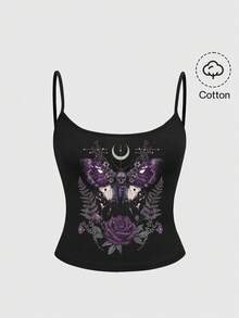 ROMWE Áo hai dây kiểu Gothic gợi cảm in hình đầu lâu rắn và bướm đêm dành cho nữ, thích hợp cho mùa hè. - màu đen - Xem 1