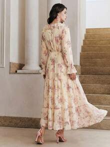 Anewsta New Arrival Spring/Summer Romantic Flowy Deep V-Neck Ruffle Hem Floral Print Maxi Dress For Women - Apricot - View 7
