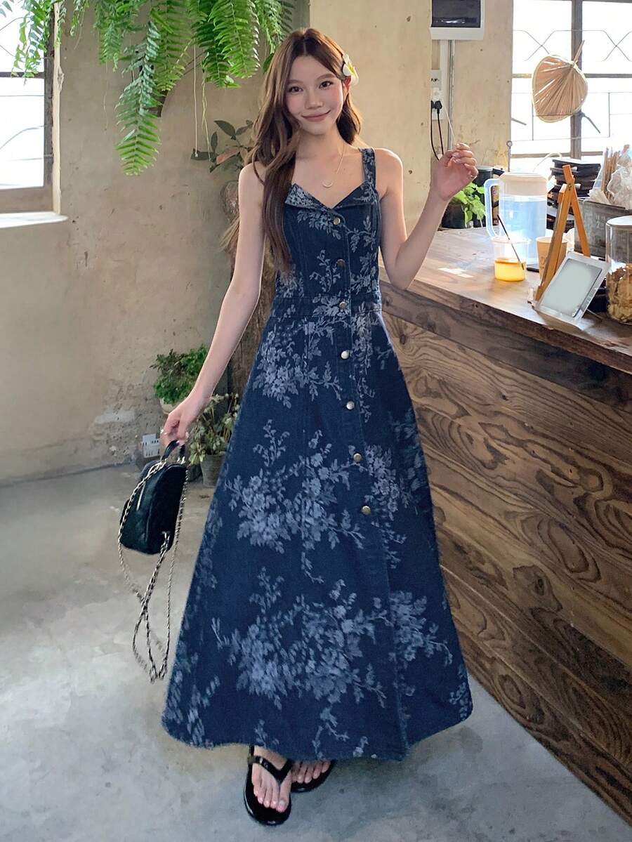 DAZY Đầm denim không tay in họa tiết toàn thân kiểu Bohemian dành cho nữ - Màu xanh lam - Xem 1