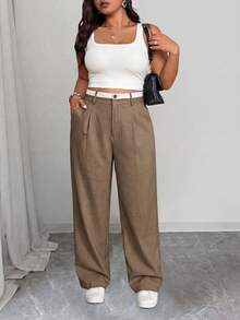 GlowEve CURVE Plus Size Women Contrast Waistband Straight Leg Pants Fall Cloth For Women - Brown - View 9