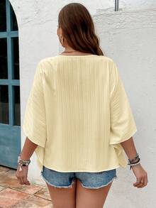 SHEIN VCAY Plus Size Textured Batwing Sleeve V-Neck Blouse Fall - Light Yellow - View 2