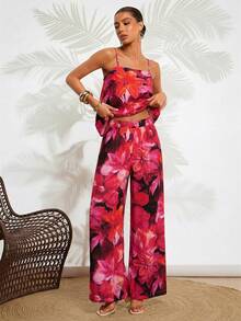 Gownix Women's 2 Pieces Printed Tank Top And Printed Pants Set, Resort Wear, Beach Vacation Vacation Outfit, Summer Wear, Black Elegant Tropical - Burgundy - View 5