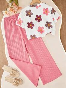 Girls Back To School Floral Wide Leg T-Shirt Pants /Set All-Over Print High Soft Cotton Round Neck - Pink - View 2