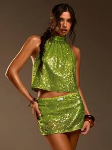 Athîral Áo quây cổ yếm đính sequin màu xanh neon dành cho nữ - màu xanh lá - Xem 5