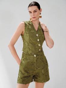 Aveloria Modichic Ensemble 2 pièces pour femmes vert olive, élégant et décontracté chic pour l'été, tea party et garden party, blazer sans manches asymétrique en jacquard texturé avec franges - Vert - Voir 6