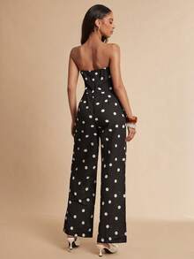 Women's Black Polka Dot Strapless Wide-Leg Jumpsuit, Stylish For Street Style, Commuting, Dates, And Parties. - Black - View 2