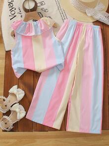 SHEIN Elladie kids 两件套女童时尚条纹无袖上衣和阔腿裤套装，适合日常通勤、休闲、春夏外出、返校季穿着。 - 彩色 - 查看 3
