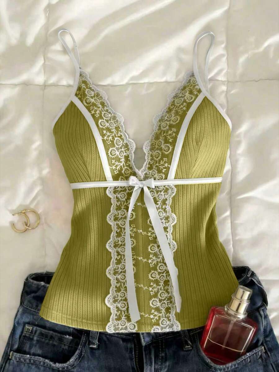 SHEIN 女士蕾丝拼接蝴蝶结装饰休闲百搭日常吊带背心 - 綠色 - 查看 1