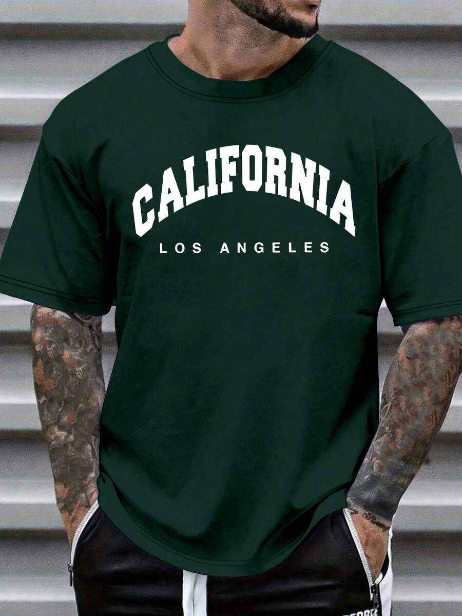 Manfinity Dauomo 男士字母印花圆领短袖T恤，休闲百搭 - 軍綠色 - 查看 1