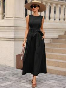 Editum 女士新款优雅束腰显瘦亚麻质感系带口袋连衣裙，适合日常通勤、教师、办公室穿着 - 黑色 - 查看 4