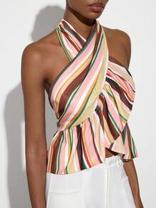 MAIJA Beach Striped Halter Crossover Ruffle Hem Crop Top - Multicolor - View 5