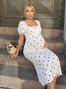 MaterniWear Elegant Polka Dot Print Tie-Front Dress For Pregnant Women, Perfect For Afternoon Tea, Office Wear, Dates, And Other Occasions. - White - View 4