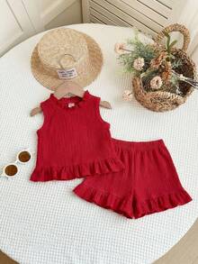 Young Girl Summer Casual Minimalist Bow Decor Ruffle Hem Tank Top And Shorts Set - Red - View 6