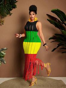 Maweii Plus Size Women Summer Sweater Dress,Boho Black Red Sommar Vacation,Sleeveless Round Neck Tassels Cutout Knitted Elegant Outwear Dress - Multicolor - View 7