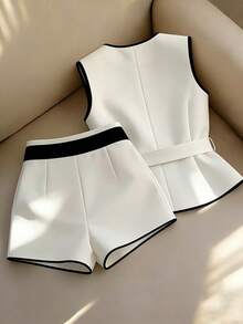 Franclia Women's Casual Patchwork Color Single-Breasted Top And Shorts Set - White - View 2