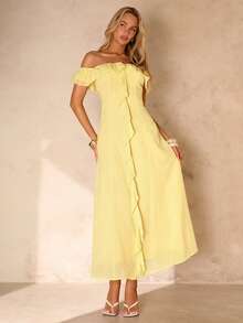 Glamine Pale Yellow Elegant Sexy Off-Shoulder Ruffle Hem Vacation Dress Vacation Summer - Pale Yellow - View 1