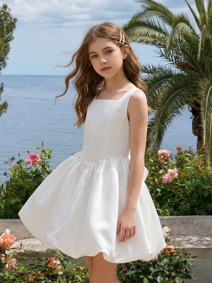 SHEIN 少女纯色荷叶边时尚度假连衣裙 - 白色 - 查看 1
