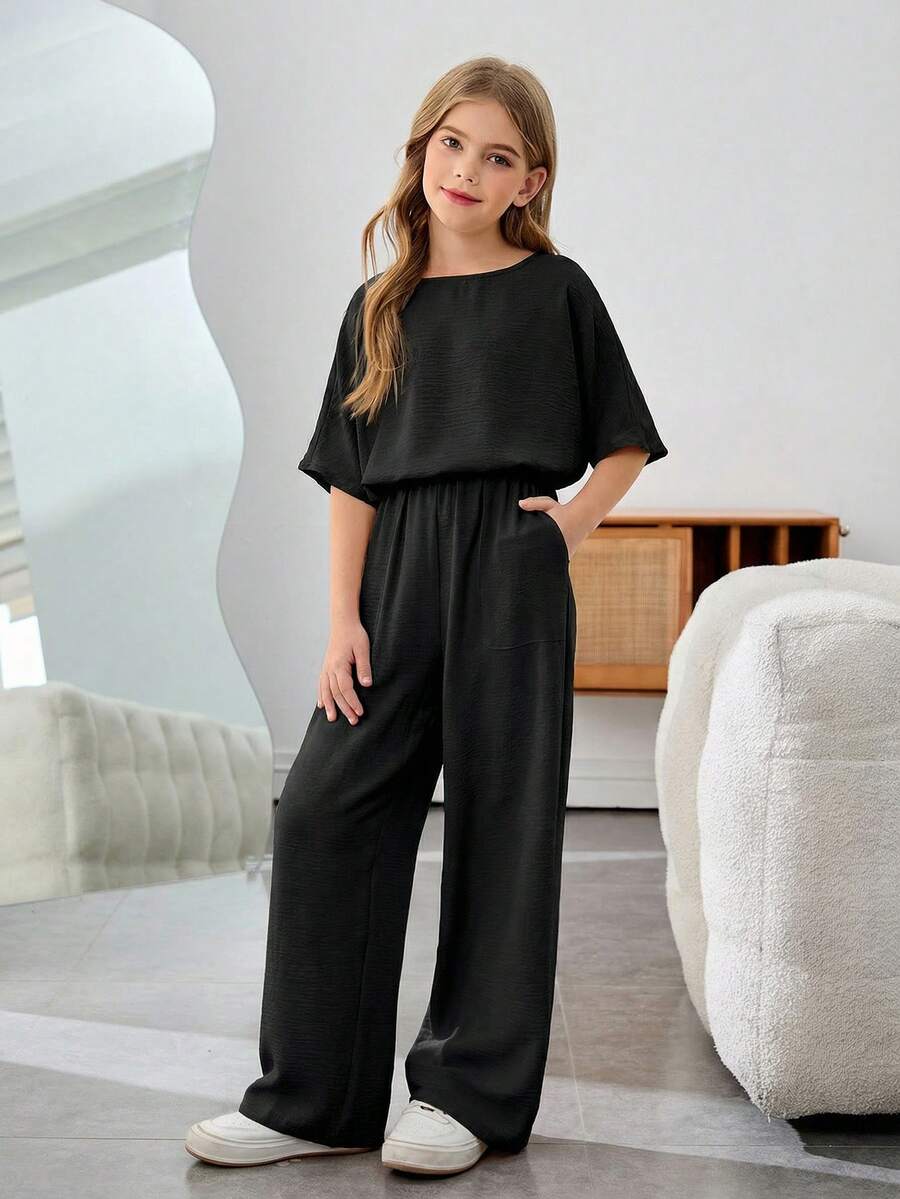 SHEIN 少女纯色圆领短袖T恤搭配阔腿裤休闲日常穿搭 - 黑色 - 查看 1
