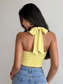 Aloruh Women's Elegant Metal Buckle Decor Cinched Waist Ruched Tie Neck Camisole,Summer Top - Light Yellow - View 2