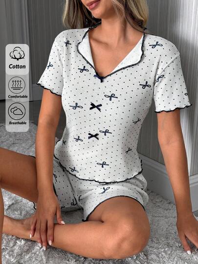 SHEIN Cotton Rib Knitted White With Contrast Colour Bow&Polka Dot Patterned V Neck Short Sleeved &Short Homewear Comfort Casual Women 2 Pcs Pajama Set For Summer