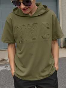 Tween Boy Letter Embossed Knit Short Sleeve Casual Hoodie T-Shirt - Army Green - View 6