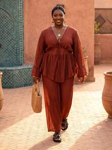 ELLERISSA Plus Size Redwood V-Neck Tie Front Ruffle Hem Top & Wide Leg Pants Co-Ord Set - Redwood - View 3
