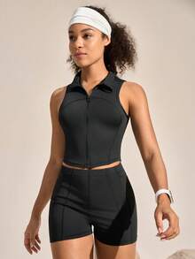 Exploreva Exploreva Women's Solid Color Zipper Collar Vest And Shorts Sports Suit - Black - View 2