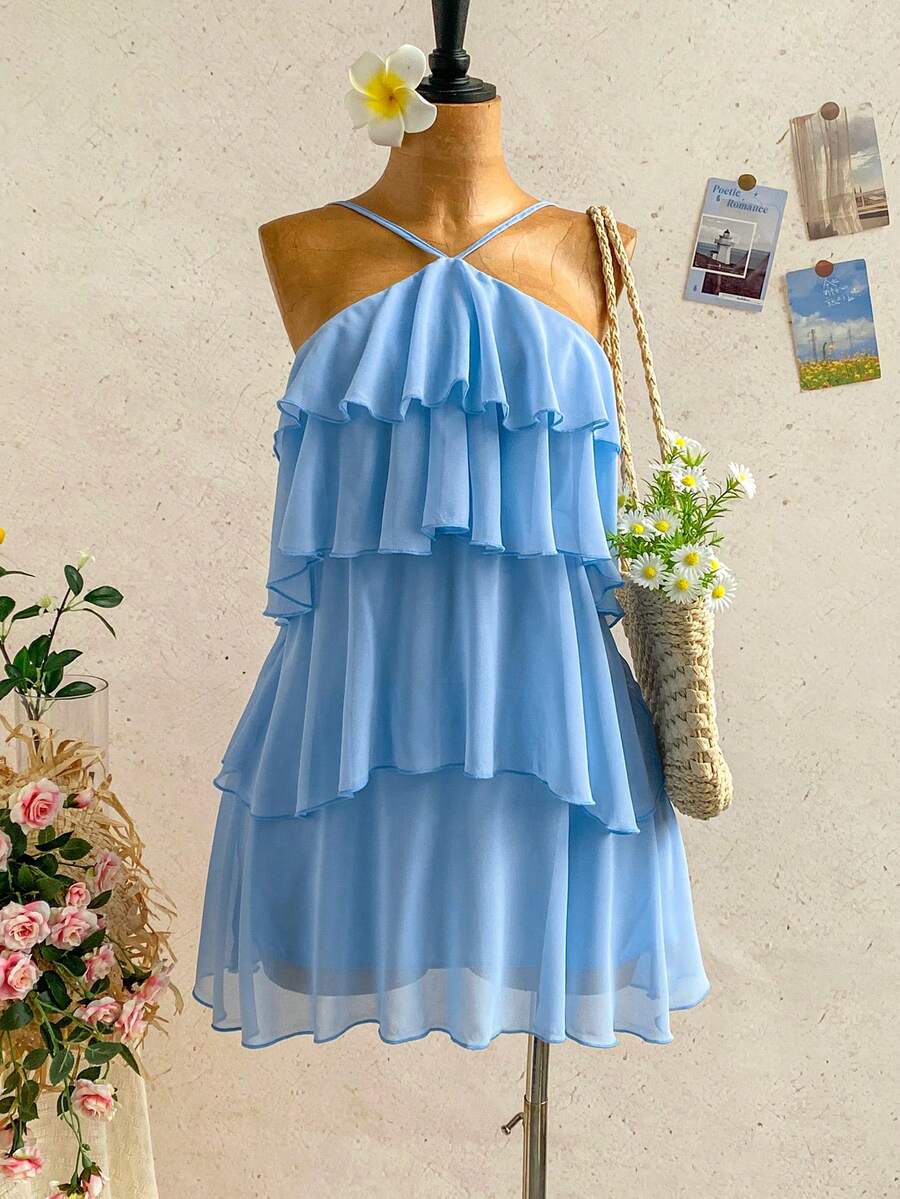 Soleia Đầm mini chiffon nhiều lớp xếp ly, màu trơn, thanh lịch, lãng mạn, thích hợp cho đám cưới, tiệc tùng, đi nghỉ mát, tiệc hoa, hẹn hò, Ngày Valentine, Lễ Phục Sinh, Lễ hội Carnival, tiệc trà chiều, đi biển, du thuyền, hoặc dạo phố. - Màu xanh nhạt - Xem 1