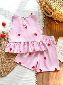 Souflis Souflis 2pcs Young Girl Woven Solid Color Round Neck Sleeveless Top And Loose Woven Solid Color Shorts Set - Pink - View 2