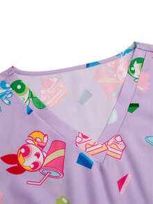 PopScrub THE POWERPUFF GIRLS X SHEIN 女士甜点印花V领短袖医用工作服，卡通IP联名款 - 彩色 - 查看 7