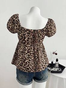 SHEIN Teen Girl Leopard Print Lace Patchwork Button-Up Fashionable Shirt - Brown - View 2