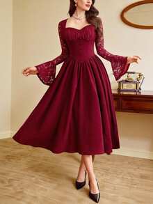 Vintamour Elegant Burgundy Women's Vintage Midi Dress,Lace Patchwork Bodice Long Sleeve Autumn Dining Party Dress With Pockets,Valentine's Day Holiday Outfit - Burgundy - View 4
