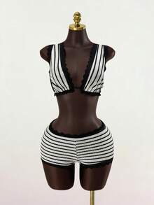 SaltGleam SaltGleam Women's Striped Deep V-Neck Cropped Tank Top And Shorts Sexy 2 Pieces Set - Black and White - View 1